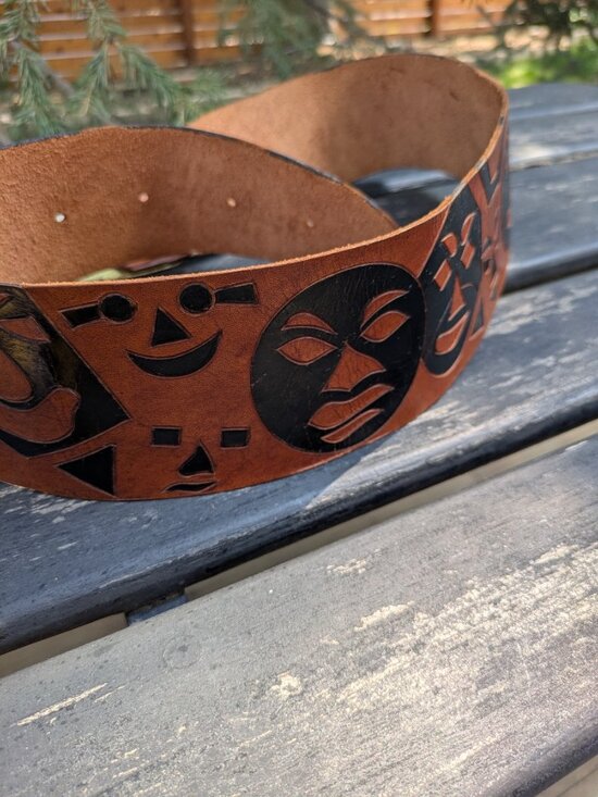 Artisanal hand-carved leather totem belt with brass v-tip Boho ethnic Tribal. main image 5
